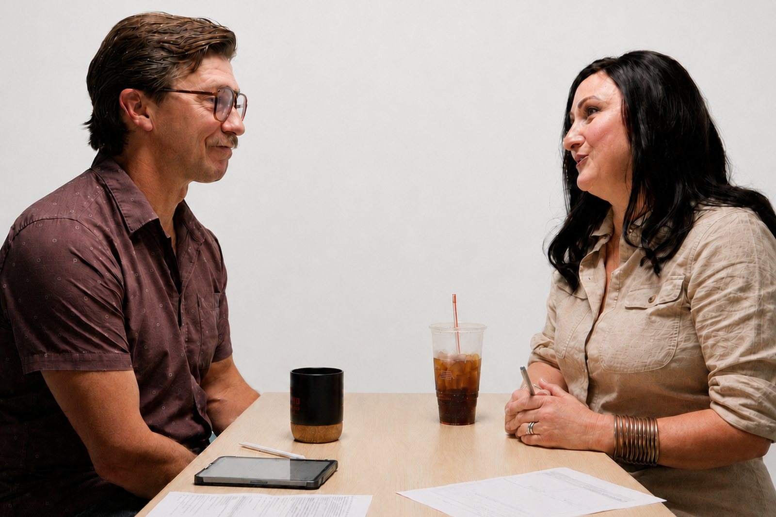 Ryan Koral and a client seated across a table during a Story Strategy session, with notes and a tablet between them.